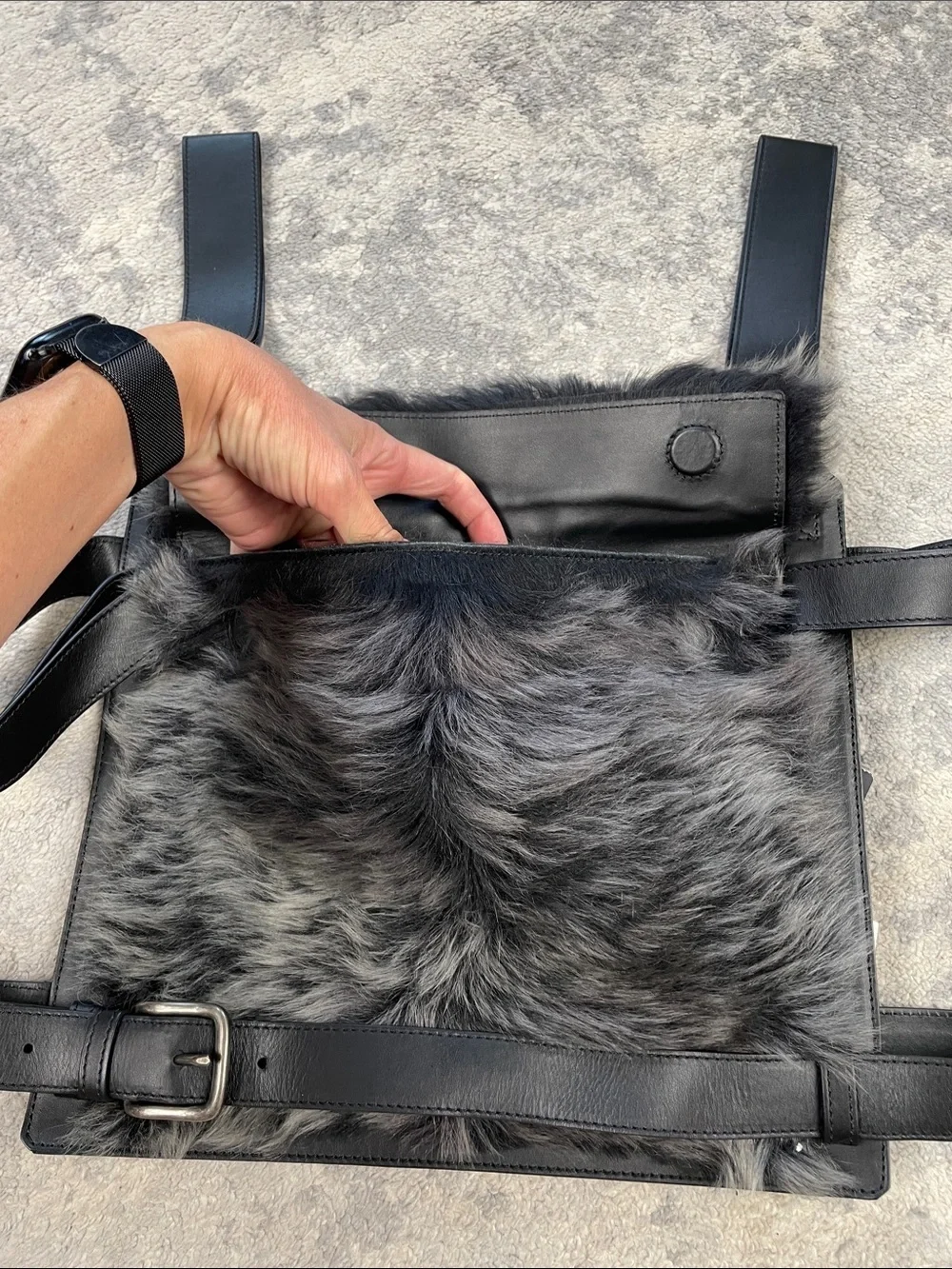 NWT Emporio Armani Fall 2017 Runway Fur Leather Chest Rig Vest Bag Black Gray